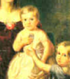 =A painting of a blond toddler in a white dress being supported by another child wearing a blue dress.