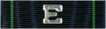 A dark blue military ribbon with 2 think green lines, one at each end of the ribbon with a large silver E centered on the ribbon.
