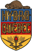 Hydro-Québec's old logo: the red, blue and yellow coat of arms of Quebec surmounted by a beaver and featuring the words HYDRO-QUEBEC in bold and two bolts of lightning.
