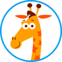 Smiling yellow giraffe with orange stars on neck, orange ears and round eyes, inside a blue circle