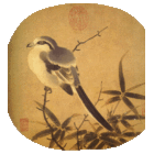 A square painting with irregularly sloped curved corners depicitng a puffy bird with a blue-grey back and white underbelly perching on top of a bamboo branch.