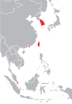 A map showing the Four Asian Tigers. (From top to bottom: South Korea, Taiwan, Hong Kong and Singapore.)