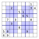 A Sudoku puzzle grid with four blue qudrants and nine rows and nine columns that intersect at square spaces. Some of the spaces are pre-filled with one number each; others are blank spaces for a solver to fill with a number.