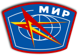 A vaguely trapezoid blue patch with rounded corners, bordered by a thick red line. A star made up of two red and yellow arrowheads sits in the middle on top of an angular white spiral which comes to form a globe shape in the centre. The letters 'Мир' are visible in white to the top left of the patch.