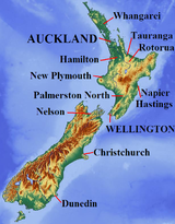 Map of New Zealand, with cities labelled.