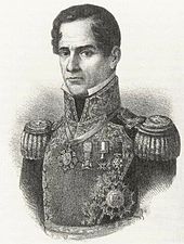 Lithograph depicting the head and shoulders of a middle-aged, clean-shaven man wearing an ostentatious military uniform.