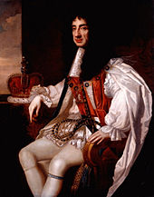 Painting of seated male figure, with long black hair wearing a white cape and breeches.