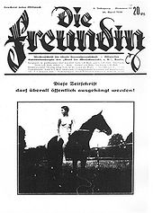 Reproduction of a German magazine cover with the title "Die Freundin" showing a nude woman sitting on a horse, looking behind her