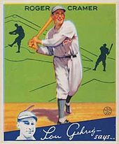 A Goudey Gum Company illustration of Rodger Cramer in a white uniform