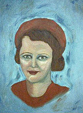 Painting of a young woman wearing a red beret; the shoulders end abruptly within the painting and the face and shoulders are surrounded by light blue with dark blue brushstrokes