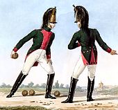 Two troopers of the 8th Dragoons in green coats with crimson facings and white breeches and boots