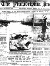 Photo of front page of newspaper showing photo of large shark with open mouth