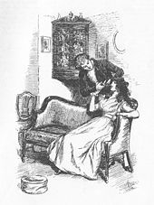 A 19th century illustration showing Willoughby cutting a lock of Marianne's hair