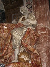 This marble statue shows Truth personified as a young woman. A feature of the work is the drapery surfaced with red patterned marble which contrasts with the white marble figure.
