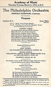  A notice headed "Academy of Music, Thursday Evening, March 1916 at 8.15." It gives details of the programme for the first American performance of Mahler's Eighth Symphony, by the Philadelphia Orchestra under Leopold Stokowski, and lists the solo performers and choirs.