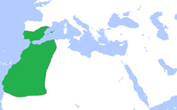 Map of the Almoravid dynasty in green at its greatest extent, circa 1120. The territory covered most of the Northern reaches of Northern Africa, as well as Southern Iberia.