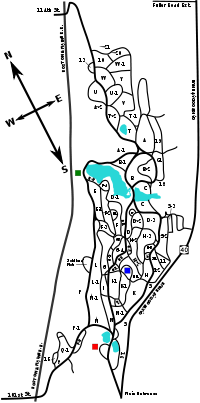 The cemetery is a slim property running northeast-southwest and bounded on the long sides by New York Route 40 and an old railroad bed. This map shows the length of the property vertically (north is to the top left). Toward the bottom is the main entrance and the Earl Crematorium. A third of the way into the propert, roughly center, is the location of the Warren Chapel. Middle left is the location of the panorama. The cemetery has about five man-made lakes and 29 miles of meandering roads creating a web of pathways on the property.