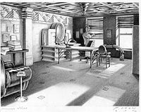An image of an office drawn in pencil; the office has two windows, a desk, an oval-shaped computer monitor, and additional furniture. The walls and decorations of the furniture have art-deco stylings to them.