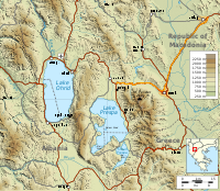 map showing Lakes Ohrid and Prespa and the surrounding rivers, mountains, etc.