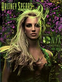 Image of a blond woman. She is wearing a  dress, laced up in the front. Her hair seems to be moving. The woman is looking directly into the camera. In the left above the woman, the words 'BRITNEY SPEARS' are written in green long handwriting. In the right of the woman's face, the words "THE ONYX HOTEL TOUR 2004" are written, with the O of Onyx replaced with a diamond.