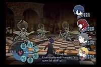 Four of the game's playable characters surround a group of three enemies. The camera is centered behind the Protagonist, who is wielding a sword. A wheel-shaped menu of icons in the lower-left corner of the screen indicate available battle commands.