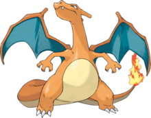A bidepal orange dragon with a cream underbelly stands facing the viewer. Its wing membranes are colored blue and it has a small fire on the tip of its tail. Its head is turned to the left and it is looking up toward toward the sky.