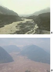 Two images showing the landscape of a large landslide.