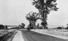 "A black and white photo of a highway curving gently to the left. A lake occupies most of the background, while several large trees dominate the foreground."