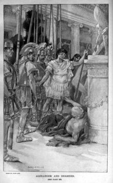 lithograph of the meeting of Alexander and Diogenes: Alexander, with an entourage of soldiers, standing over Diogenes sunbathing in the street