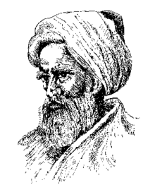Head of a bearded man with bushy eyebrows, wearing a turban.