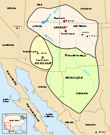 A map of the American Southwest and the northwest of Mexico showing modern political boundaries. Overlaid over them are three colored and labeled territories: "Anasazi", "Hohokam", and "Mogollón". Anasazi land is colored beige and is shown ranging across northeastern Arizona, the northern half of New Mexico, southwestern Colorado, and southeastern Utah. Hohokam lands (shaded yellow) are only about a fourth as extensive and lie to the southwest, centered over south-central Arizona. Mogollón territory (shaded green) is as large as "Anasazi" and lie to the south and southeast of the latter.