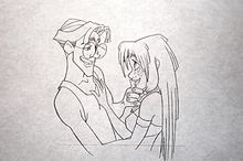A penciled production sketch showing a man (Milo) on the left embracing a woman (Kida) on the right. A horizontal line is visible on the bottom of the page depicting a reference line for the CinemaScope frame of the drawing.
