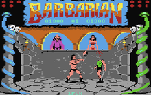 On the left and right of the screen stands a pillar entwined with a snake. Above them, in the top corners, are circles that represent the life points of the barbarian fighters.  A banner, emblazoned with the word "Barbarian", lies in the top centre.  The players' scores are displayed below the word.  The lower centre of the screen depicts a stone-walled room with two high windows.  In the left window, stands a bald man in purple robes.  In the right, a black haired busty woman in a red bikini.  In the room are two loincloth-wearing men who are fighting each other with swords.  The left man has chopped off the head of the right.