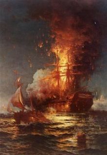 A painting of a ship on fire. It floats in the water with flames reaching high over its masts