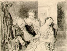 Interior scene of an older man and younger woman sitting next to each other asleep, as an older woman covers the man's head.