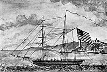 sailing ship with US flag