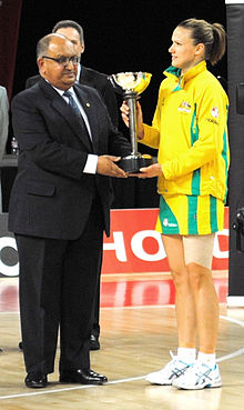 The Governor-General of New Zealand presents the Constellation Cup to Australian Diamonds Captain Sharelle McMahon