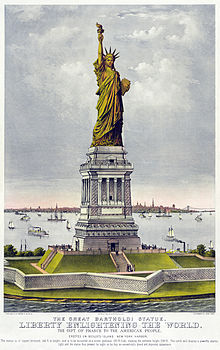 Color picture of the Statue of liberty and ellis island. The statue is in green