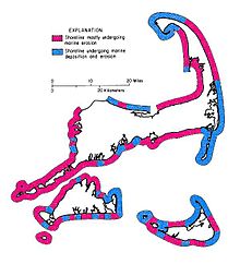 Map of Cape Cod showing shores undergoing erosion (cliffed sections) and shores characterized by marine deposition (barriers).
