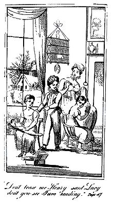 Black-and-white illustration showing two girls and a boy in a domestic setting. One girl is reading and another is playing with a doll while the boy is bothering them. Their mother looks on.
