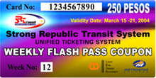 A card with a background of blue, purple, and yellow shows the card's number; its value of 250 pesos; the dates of its validity; logos of the SRTS, LRT, and MRT; a week number; and the words "Strong Republic Transit System Unified Ticketing System Weekly Flash Pass Coupon".