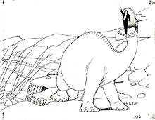 Animated black-and-white image of a large dinosaur atop a cliff, with a man in a suit standing in its mouth. Several rocks can be seen in the background.