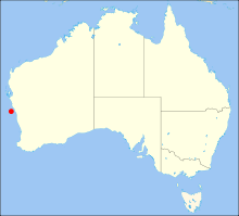 A map showing the coastline of Australia, with a red dot near the centre of the west coast.