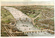 Perspective view of a wide river running through a green city, from upper left to lower right. Three bridges cross the river, which contains many small boats.