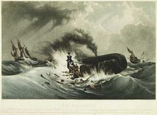 Painting of small, flame-engulfed boat with men clinging to wreckage next to spouting whale, with second small boat and larger three-masted ship in background.