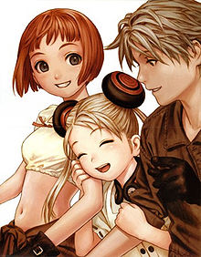 A red-haired girl, a younger girl with long hair, and a blonde-haired boy
