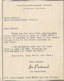 A Letter from MGM President Joe Pasternak and Elvis Presley to David Winters thanking him for his choreography on Girl Happy.