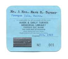 A The first library card from the Turner Memorial Library, Card 001, originally owned by Mark and Emily Turner.