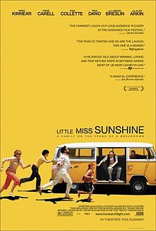 The movie poster shows the family featured in the film chasing a Volkswagen Microbus. The title of the film is located above the vehicle. From left to right: the mother (wearing sunglasses, a white long-sleeve shirt, and pink pants) is in a running stance behind the vehicle, the son (wearing a yellow short-sleeve shirt and black pants) is pushing the vehicle, the uncle (wearing a pink short-sleeve shirt, a white long-sleeve shirt, white pants, and has a black beard) is in a running stance, the daughter (wearing a red headband, red shirt, blue shorts, and glasses) is near the open door of the vehicle, the grandfather (wearing a white t-shirt, a black vest, and gray pants) is seated in the vehicle reaching for the daughter, and the father (wearing a red t-shirt and sunglasses) is driving the vehicle and looking back at his family. The poster has an all-yellow background and, at the top, features the cast's names and reviews by critics. The bottom of the poster includes the film's credits, rating, and release date.