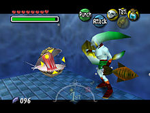 A fish-like humanoid faces a oyster-like monster, which is surrounded by a crosshair. Around the image are icons representing time passed, the player's health, magic, money, items and possible actions.